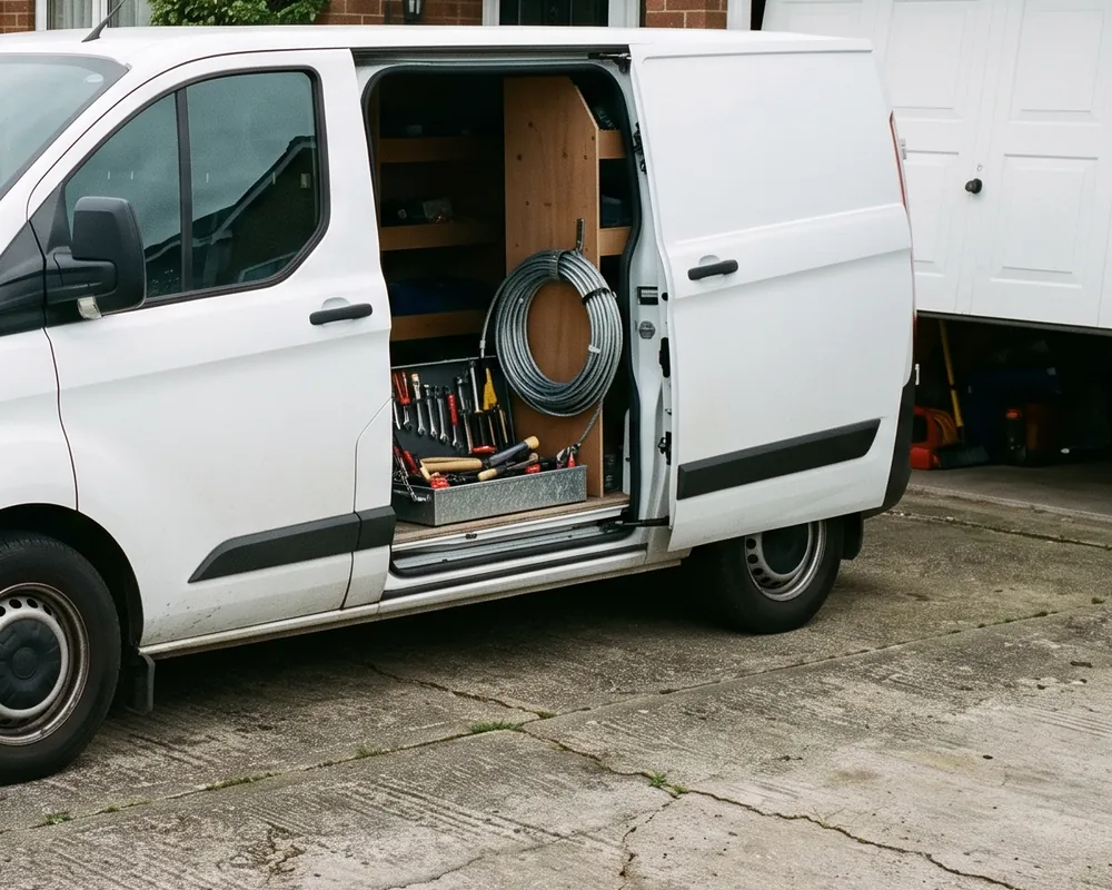A service van and open toolbox on a driveway in New York beside a part-open garage door