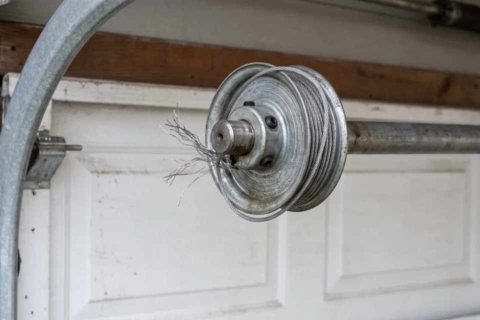 A frayed garage door lift cable at the drum on the end of the torsion shaft