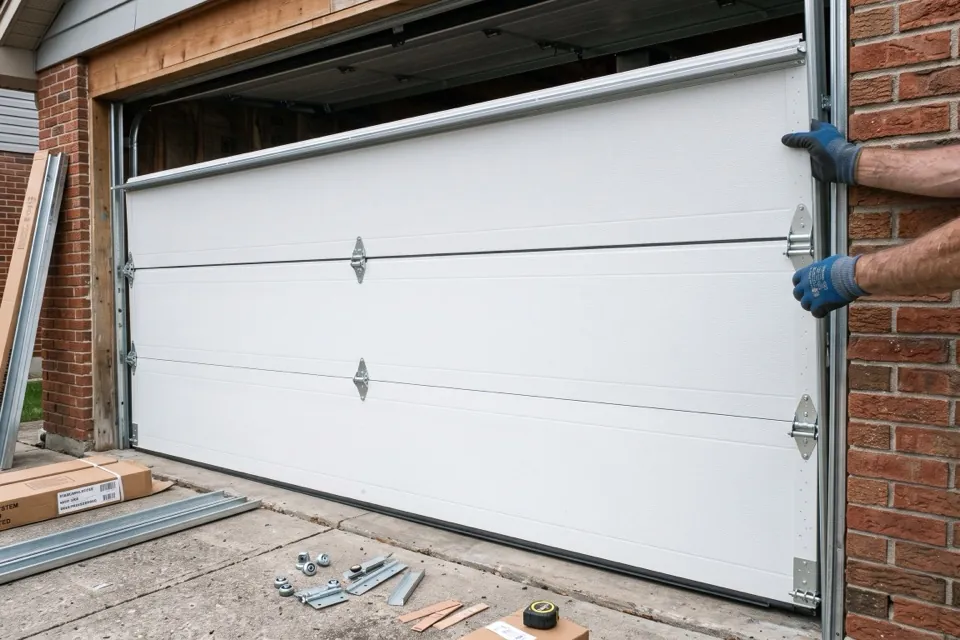 A new insulated sectional garage door being set into its tracks on a home