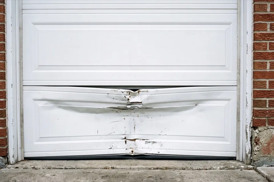 A single creased bottom section on an otherwise sound sectional garage door
