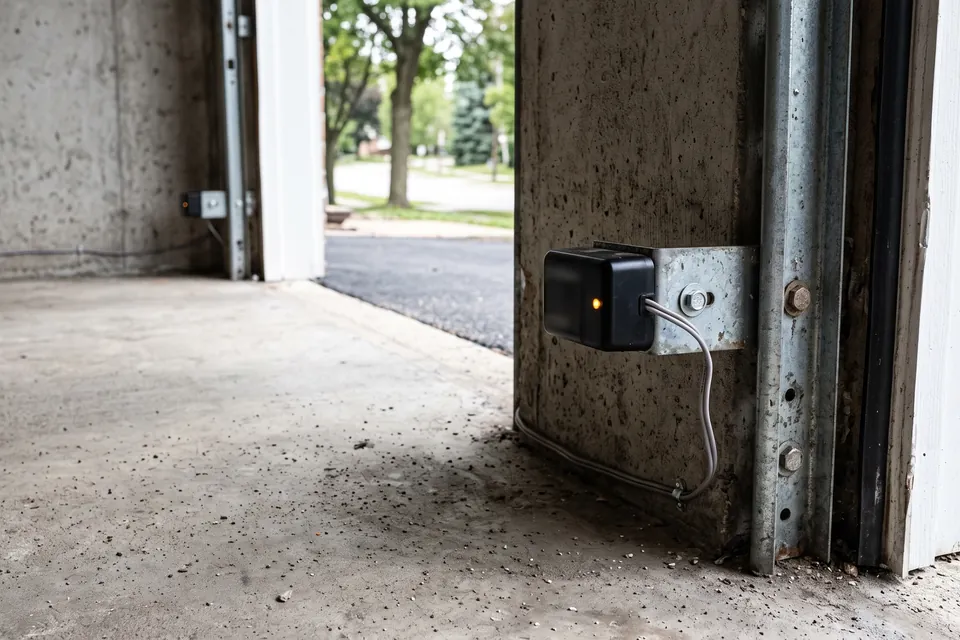 A garage door safety sensor mounted low beside the track with its indicator lit