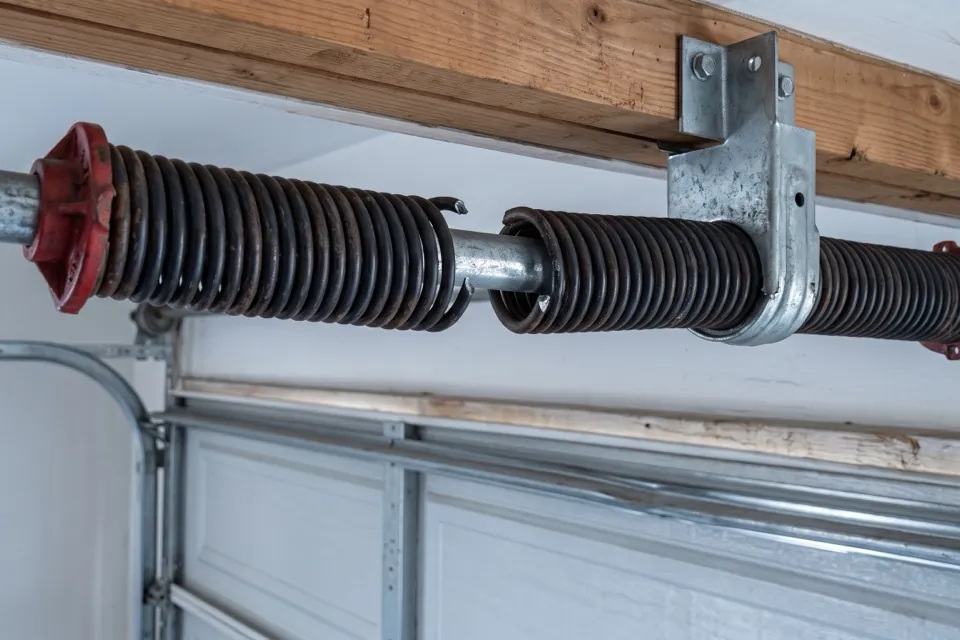 A broken torsion spring on the shaft above a garage door, the gap in the coil clearly visible