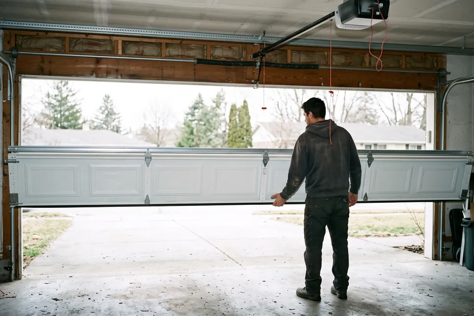 A technician testing garage door balance by hand with the opener disconnected